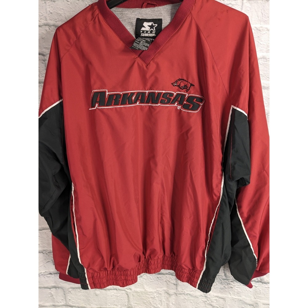 Starter SZ L Red Arkansas Razorbacks Long Sleeve V Neck Pullover Jacket 90's VTG